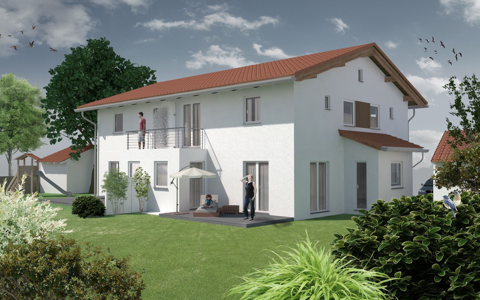 3D Visualisierung eines Hauses mit Garten