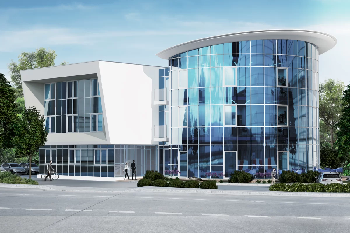 3D Visualisierung eines Gebäudes aus Glas