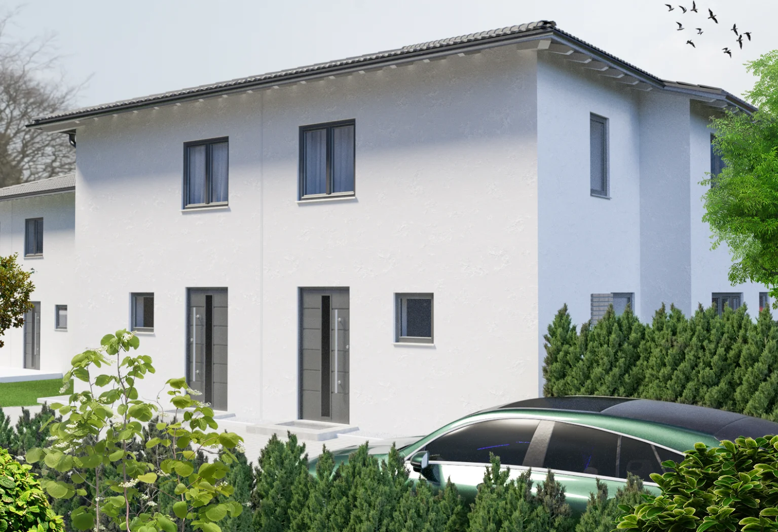 Architektur­visualisier­ung München von einem Haus mit Auto