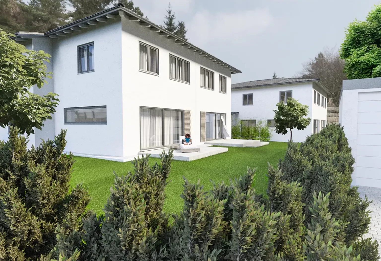 Architektur­visualisier­ung München von 2 Häusern mit Garten