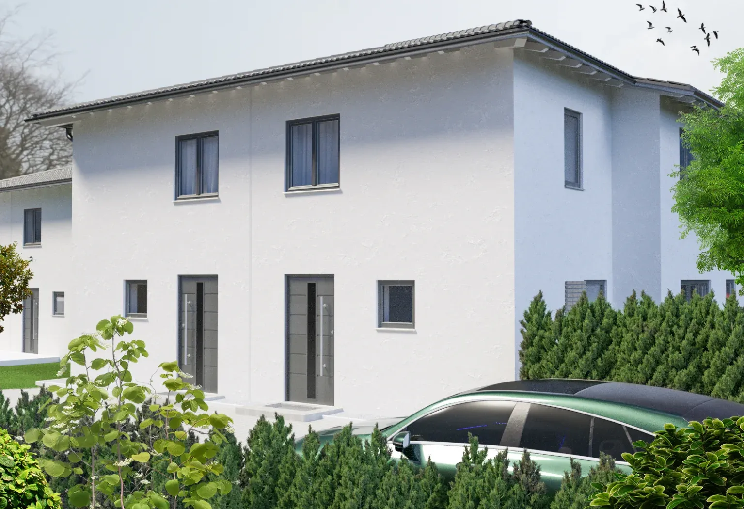 Architektur­visualisier­ung München von einem Haus mit Auto