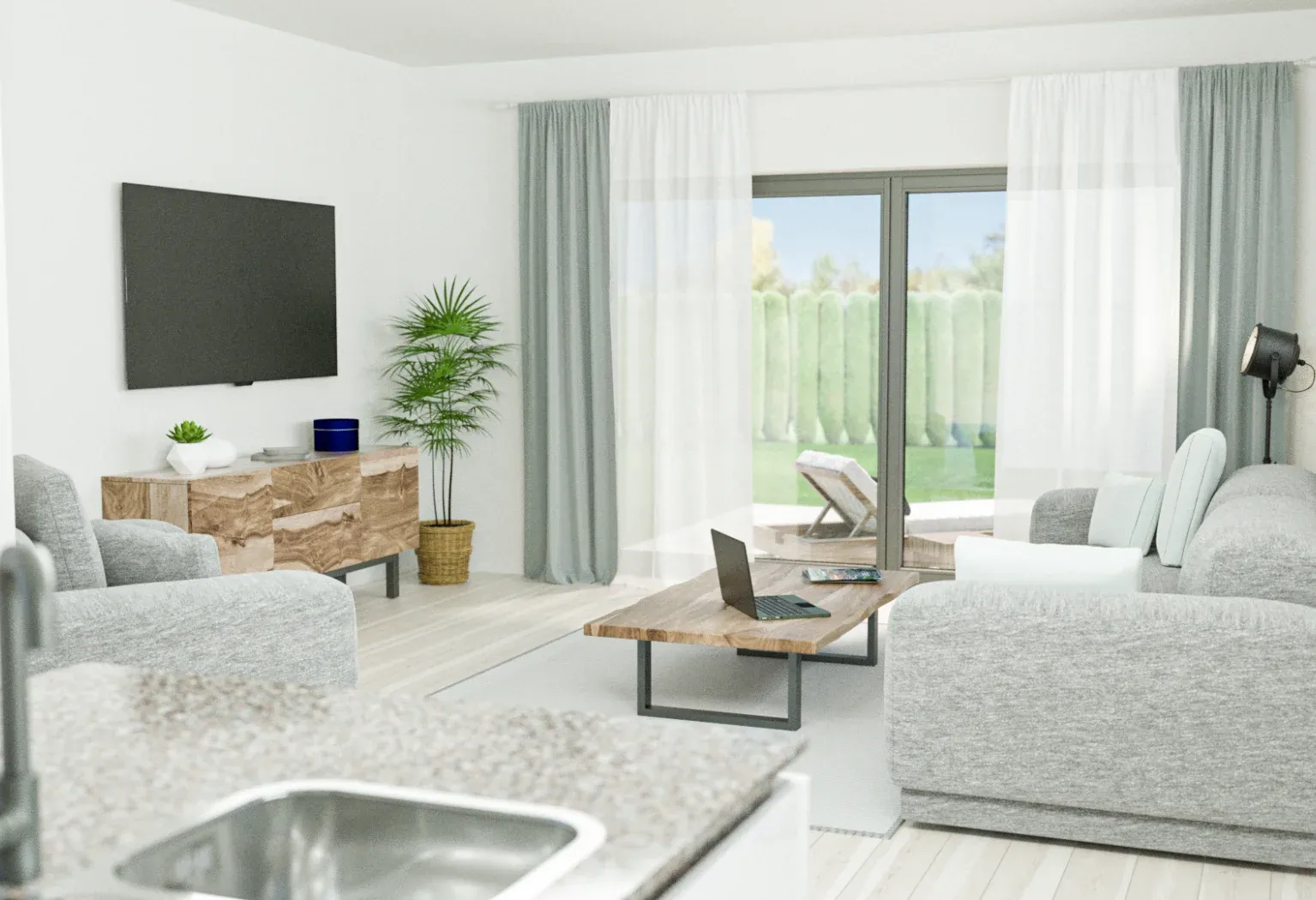 Architektur­visualisier­ung München Blick in ein Wohnzimmer