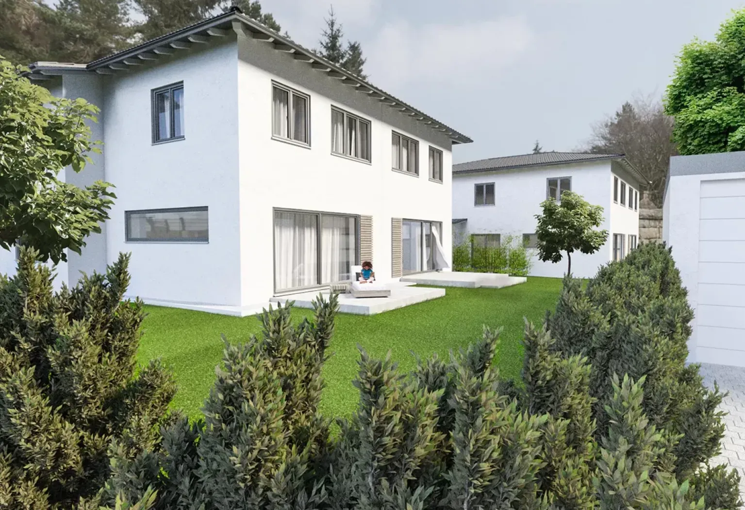Architektur­visualisier­ung München von 2 Häusern mit Garten